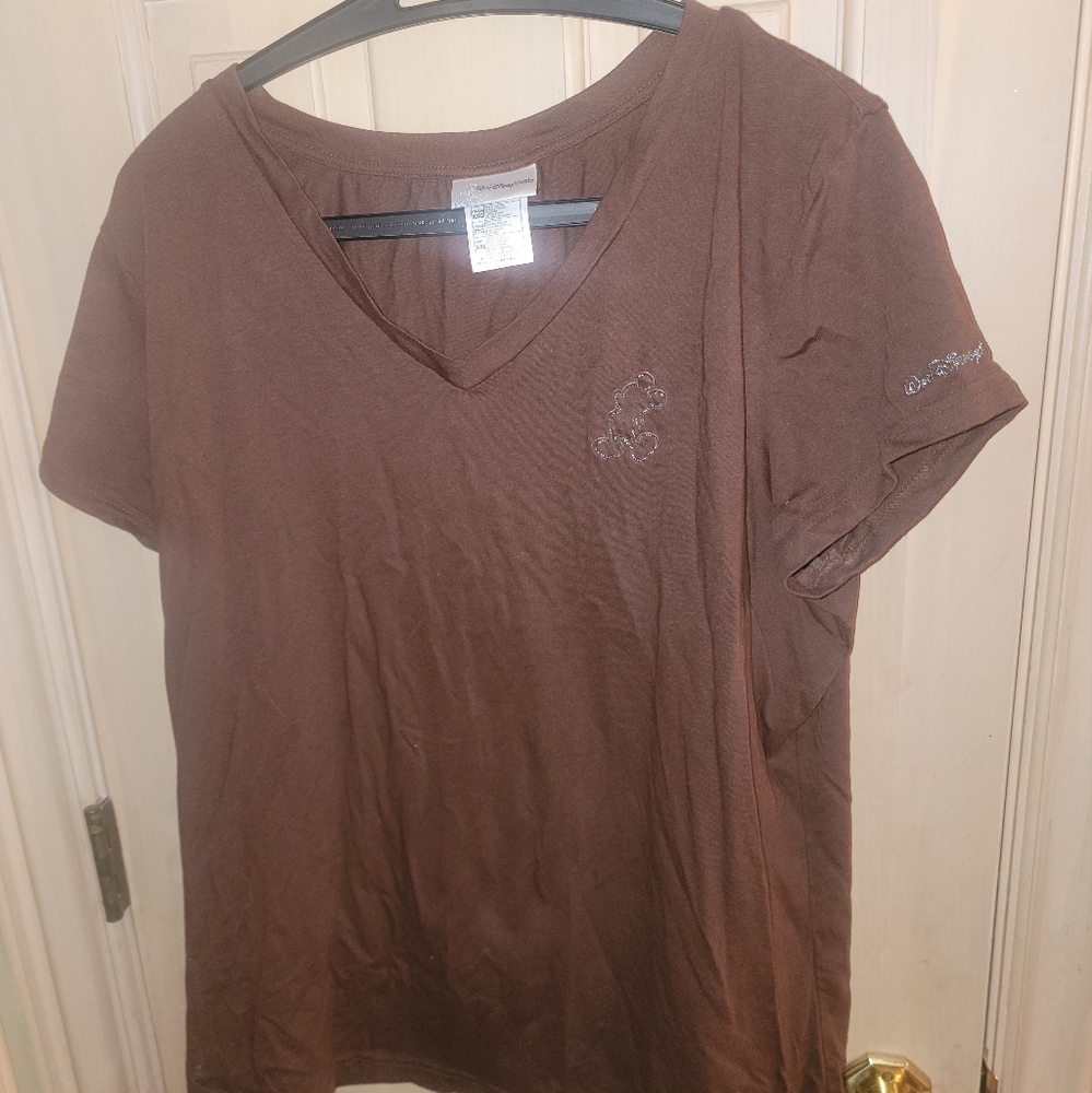 Disney Brown V-Neck Short Sleeve Tee with Subtle Mickey Embroidery